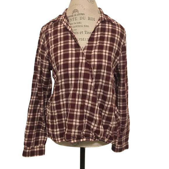 Madewell Tops - Madewell Maroon Plaid Faux Wrap Long Sleeve Shirt Women's Size Large